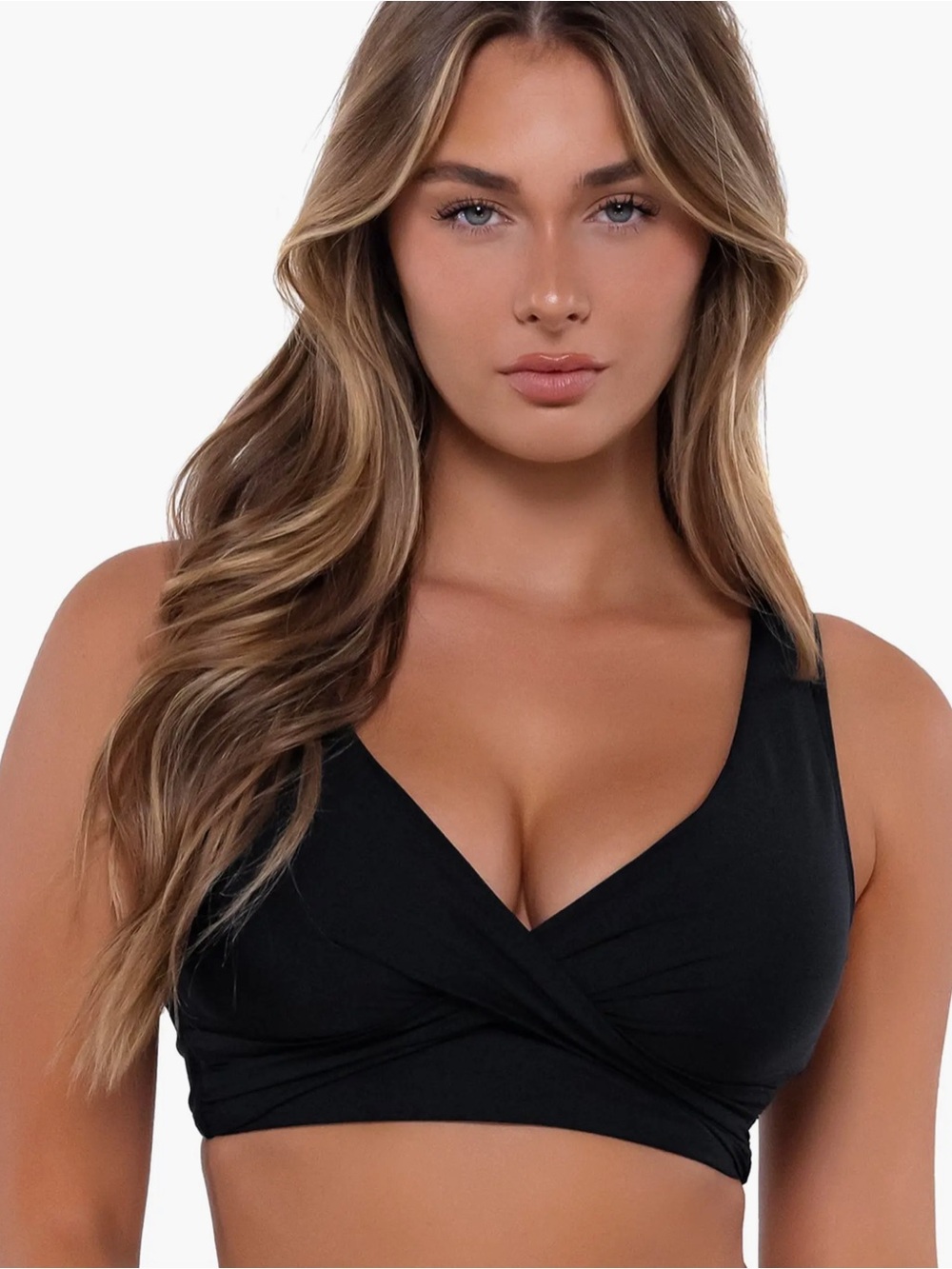 Sunsets Elsie top Black Wrap-Front Bralette swim top size 34DD NWT